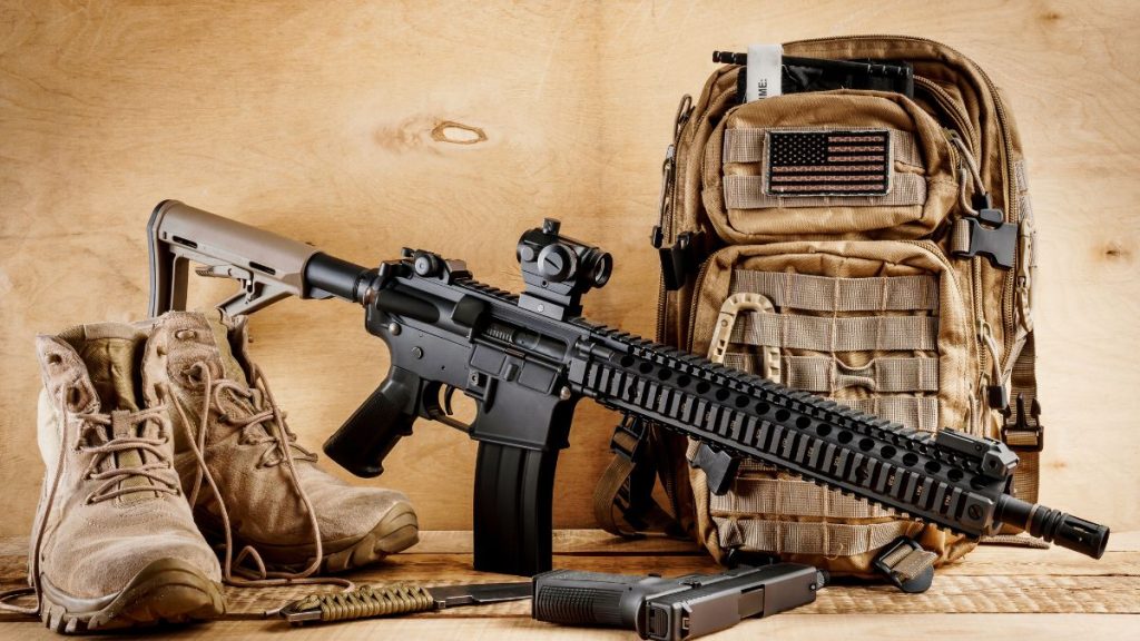ARP gun or AR-15 rifle with tactical backpack and boots