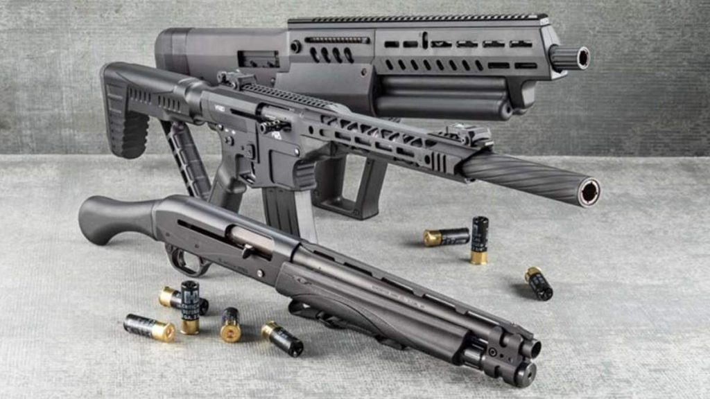 Three best tactical shotguns in black color are displayed against a gray background, surrounded by scattered shotgun cartridges.