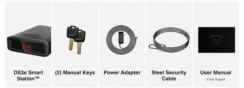 Components of the Smart Station™: device, manual keys, power adapter, steel security cable, and user manual.
