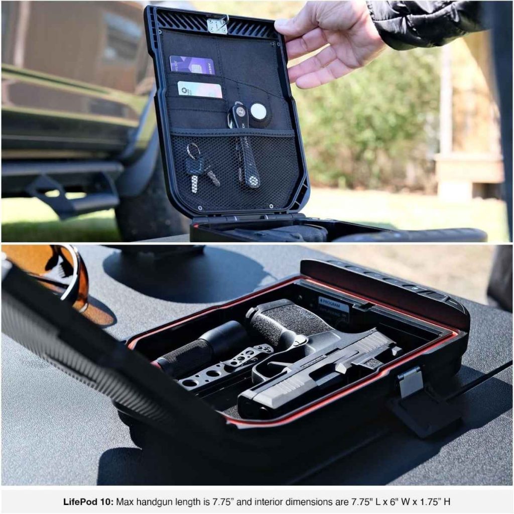 A black LifePod with space for a spare magazine is open, revealing a handgun and accessories, with storage for cards and keys.