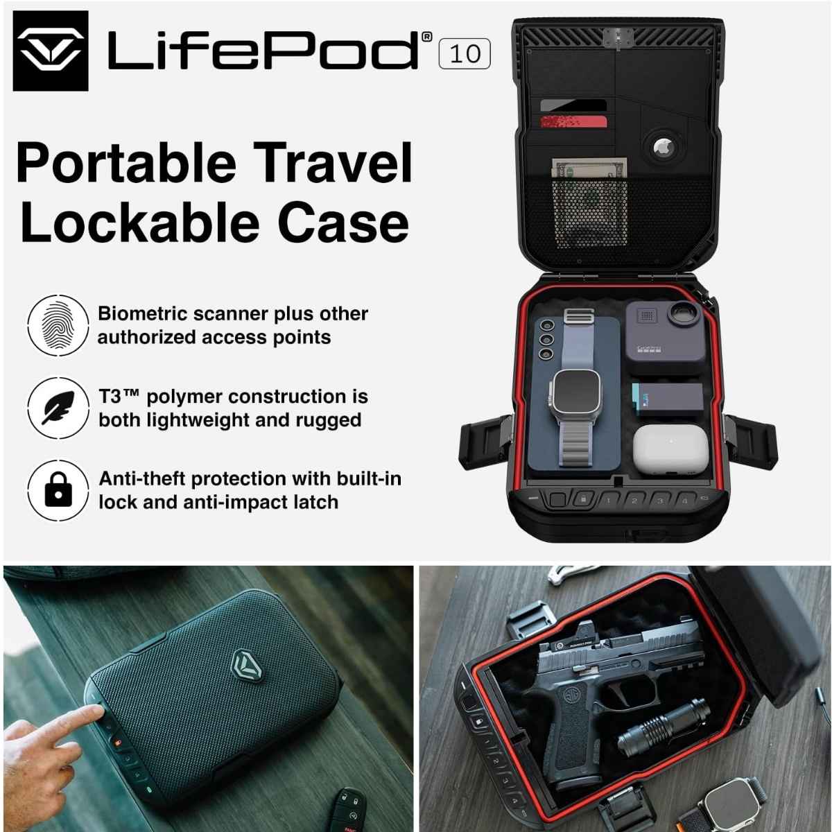 A portable travel lockable case featuring biometric access, rugged construction, and anti-theft protection for secure travel storage.