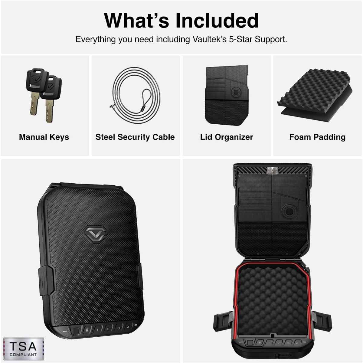Vaultek LifePod safe accessories: manual keys, steel cable, lid organizer, foam padding, and the TSA compliant safe design.